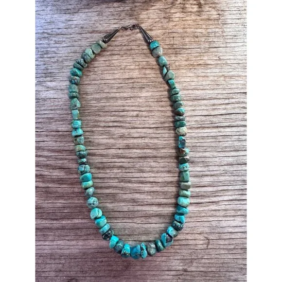 Vintage Turquoise Nugget Bead Necklace Sterling Silver Ends Hook Clasp Southwest - Picture 6 of 11